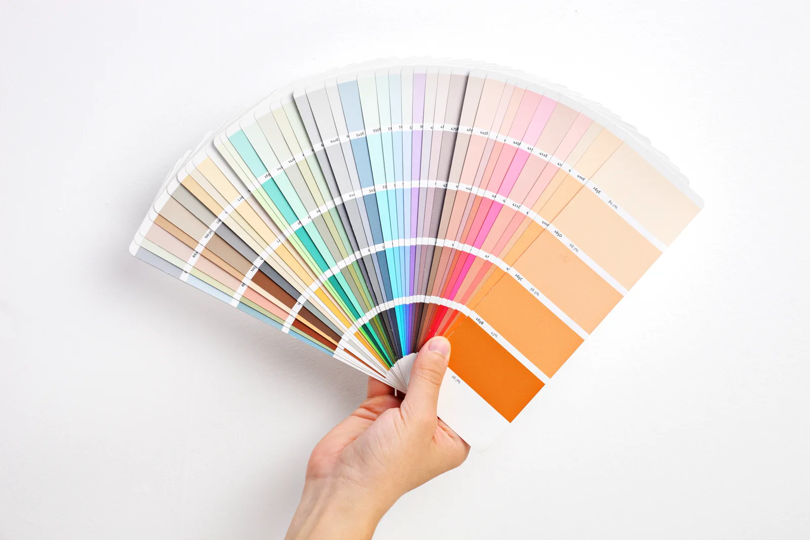 Une main tient un nuancier de couleurs pour choisir les finitions.